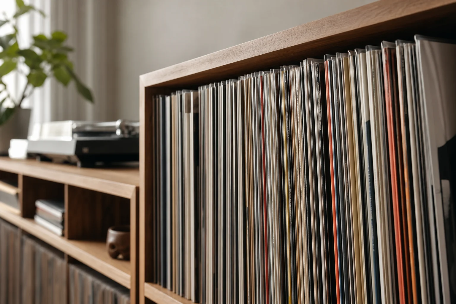 Vinyl records stored vertically on shelf with turntable in background