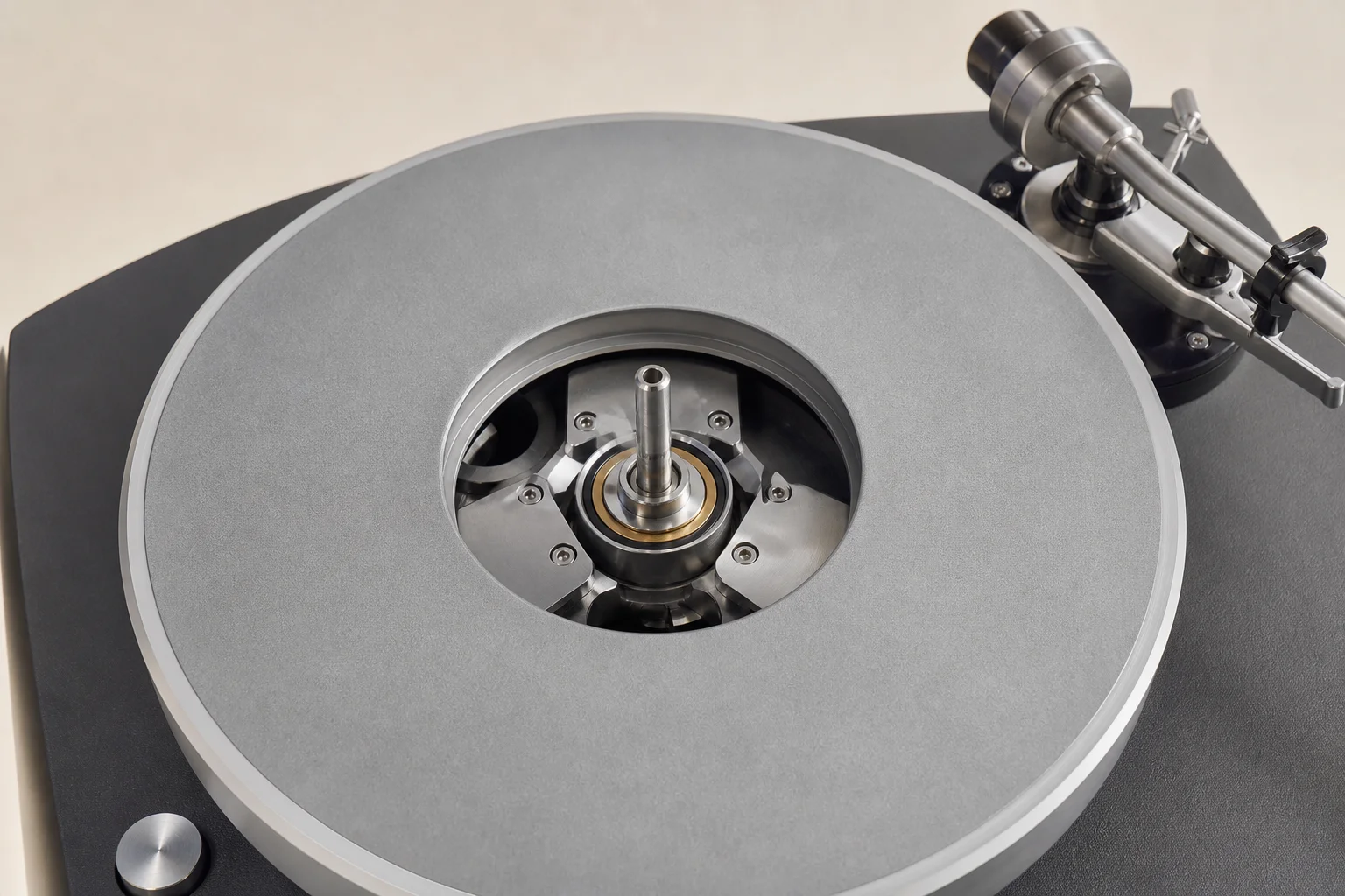 Turntable platter and bearing assembly showing precision engineering detail
