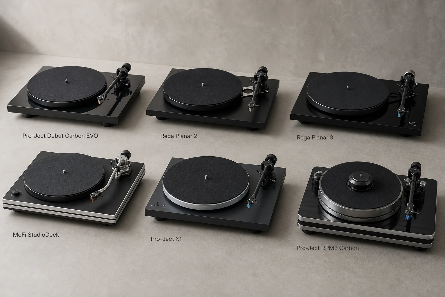 Six turntables displayed on concrete surface showing variety of designs and finishes