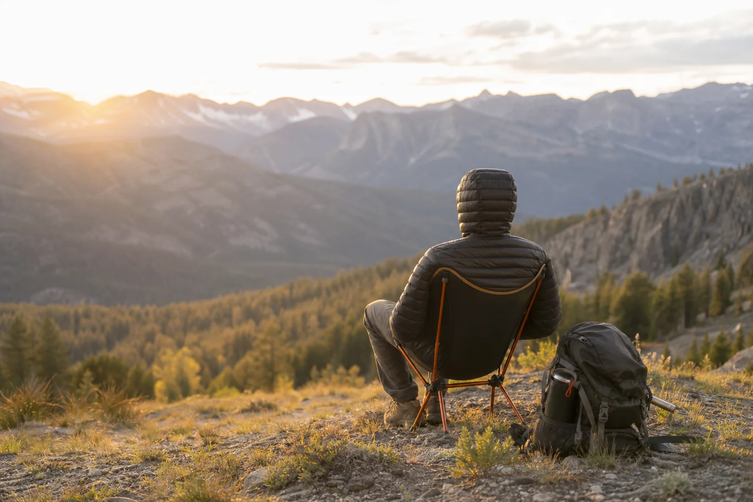 Backpacker sitting in lightweight camping chair on mountain trail at sunset