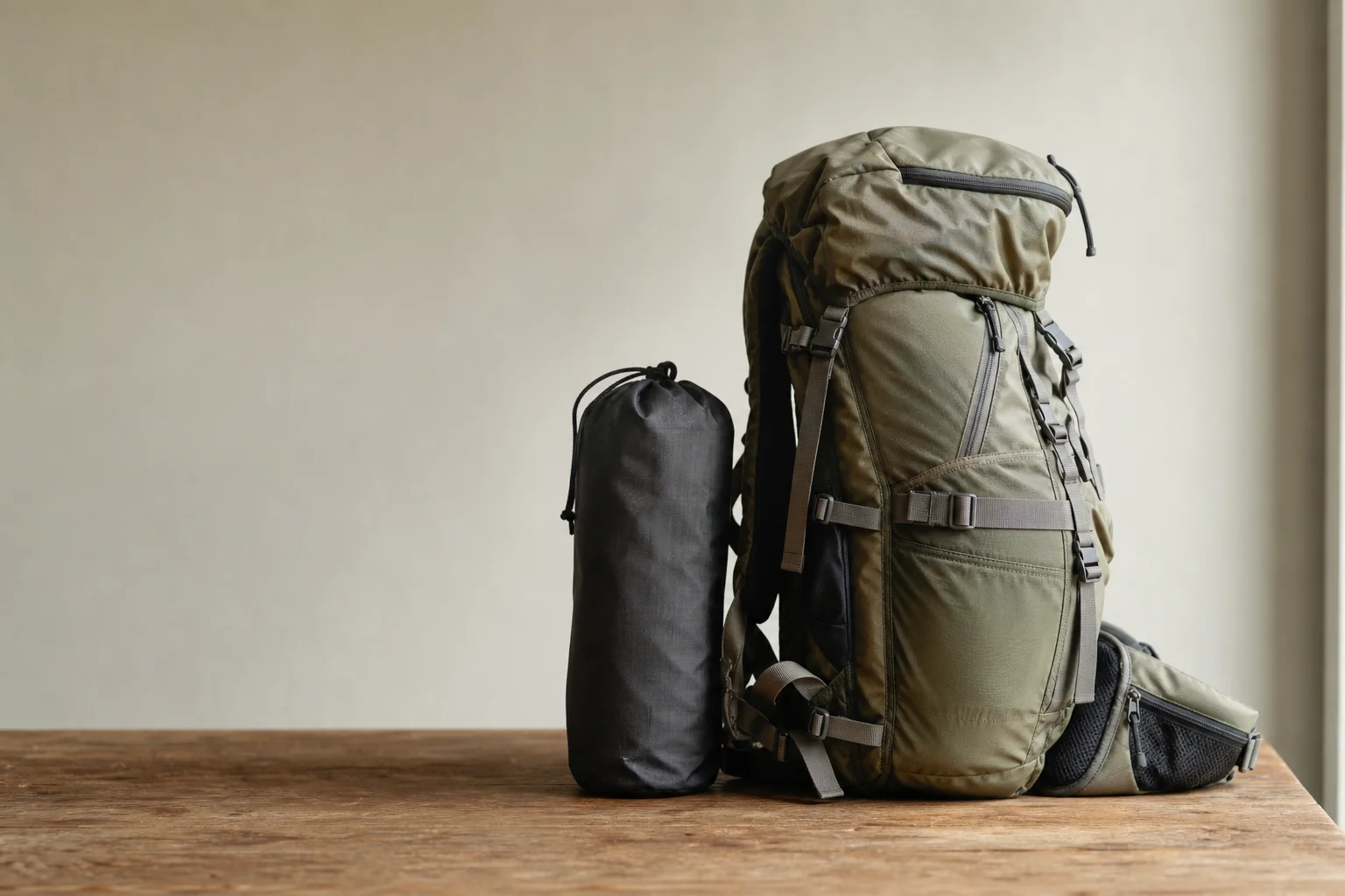 Ultralight camping chair storage bag next to hiking backpack