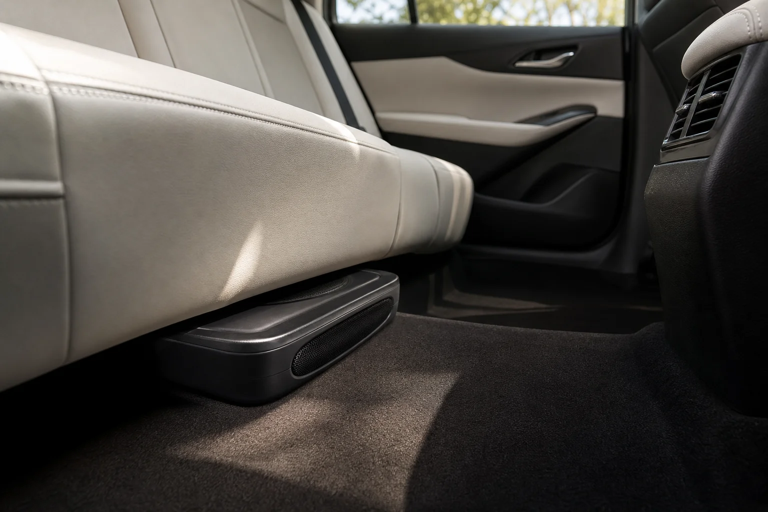 Car interior showing underseat installation space with compact subwoofer fitted