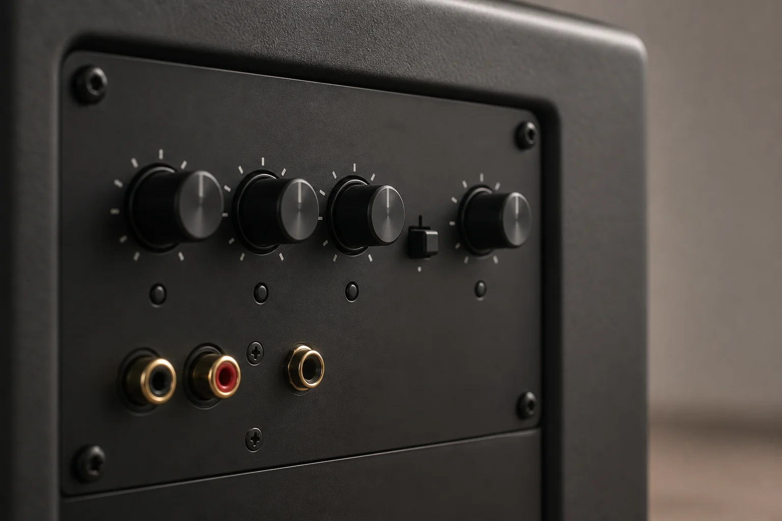 Close-up of subwoofer amplifier controls and connection terminals