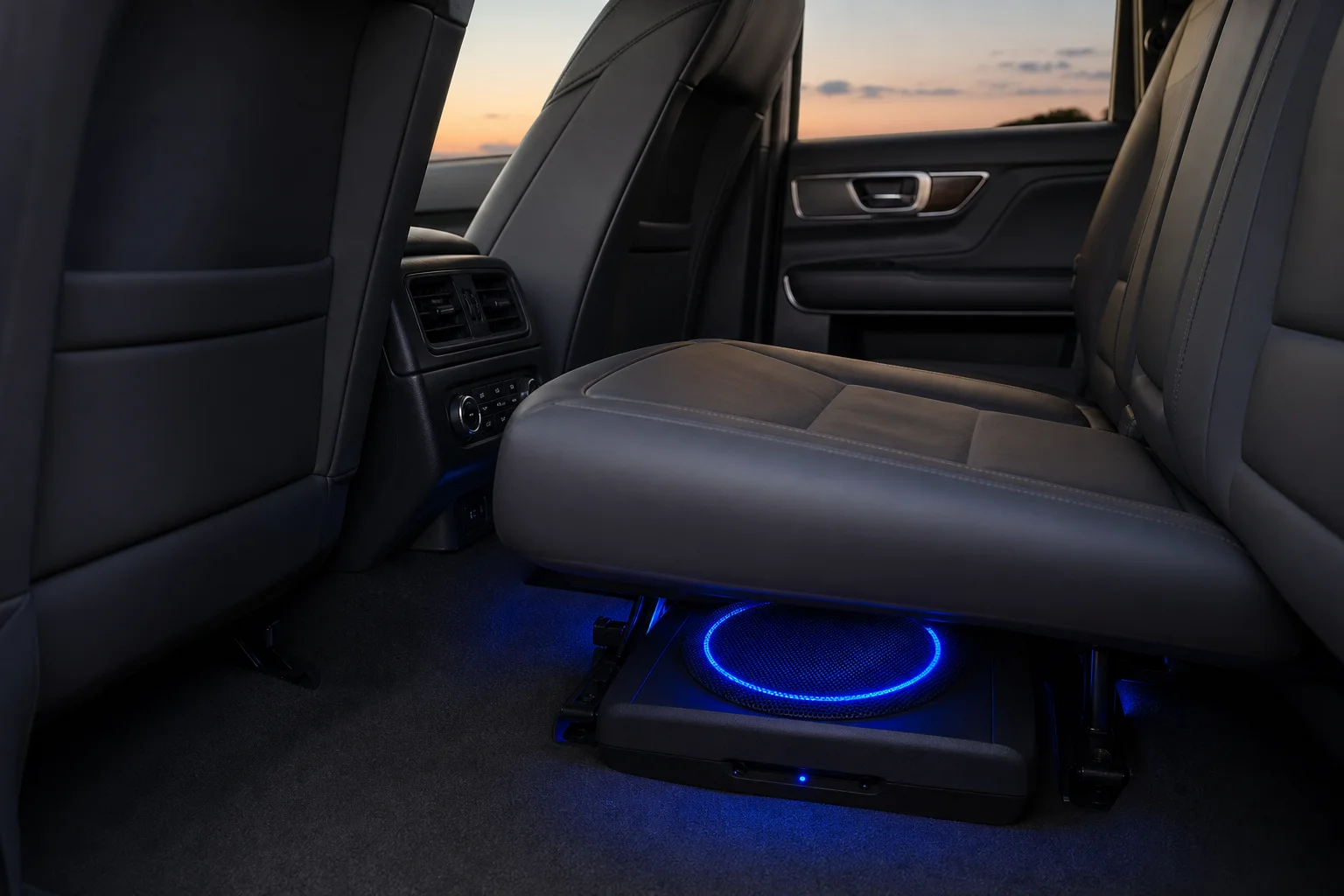 Car dashboard at night with blue LED ambient lighting from underseat subwoofer