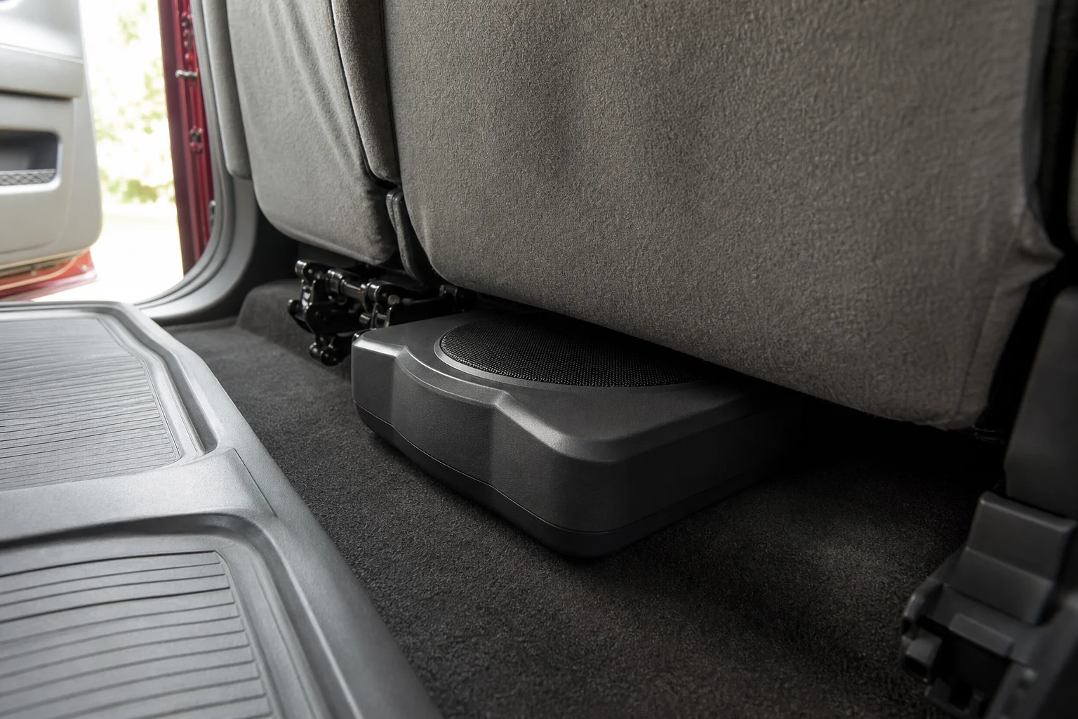 Truck bed with underseat subwoofer installation in pickup truck