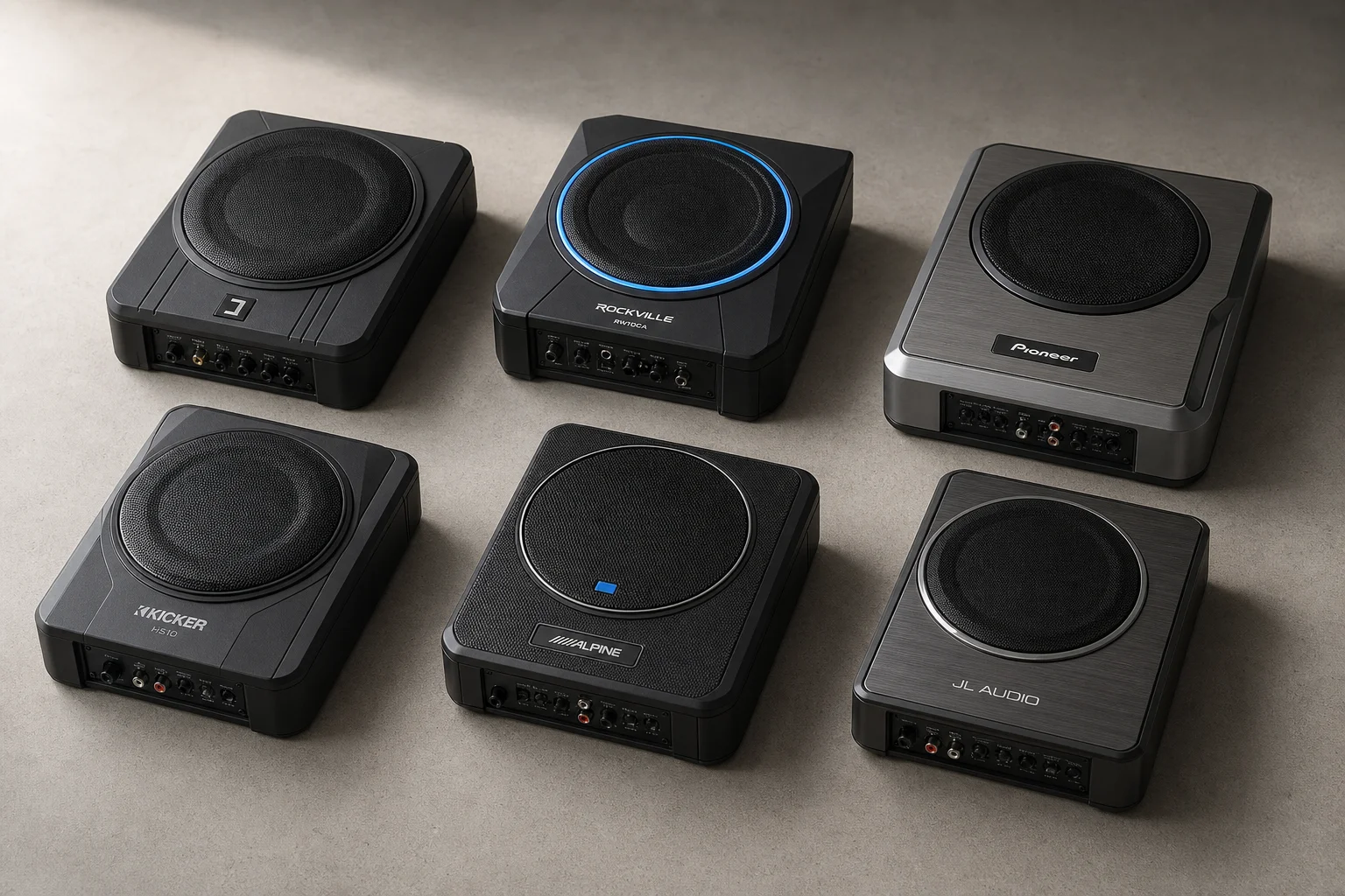 Six underseat subwoofers of varying sizes arranged on concrete surface