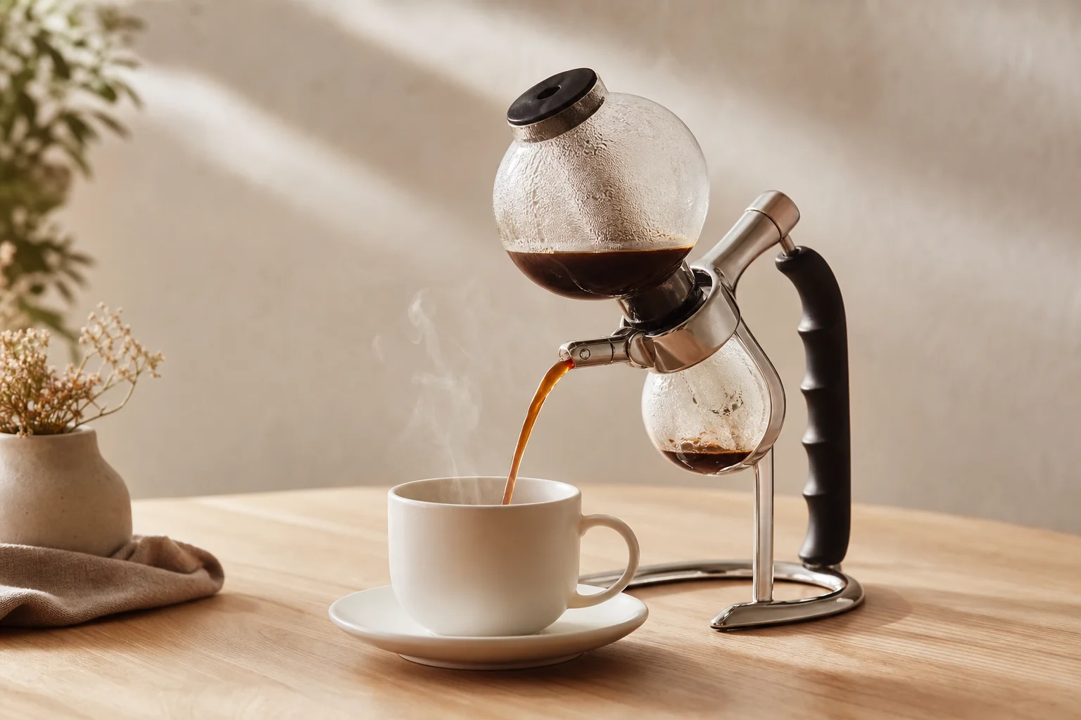 將 Bodum PEBO 虹吸壺沖煮好的咖啡倒入白色陶瓷杯中