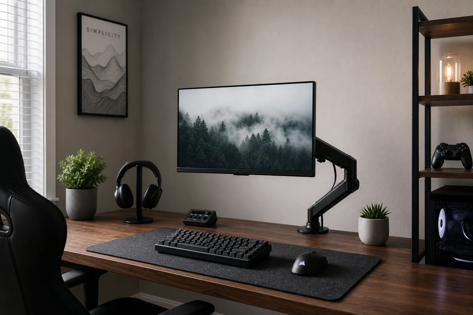 Gamer seated at a desk with a compact 24-inch monitor in a gaming setup