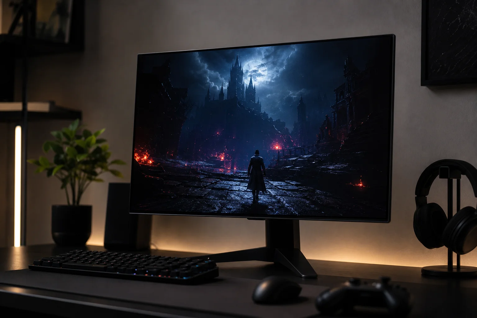 OLED monitor displaying deep blacks and vibrant colors in a dark room