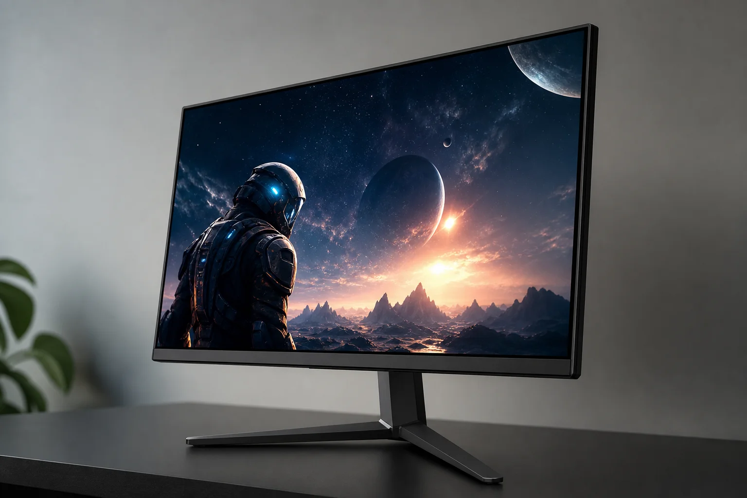 High-end gaming monitor with glossy finish reflecting ambient light