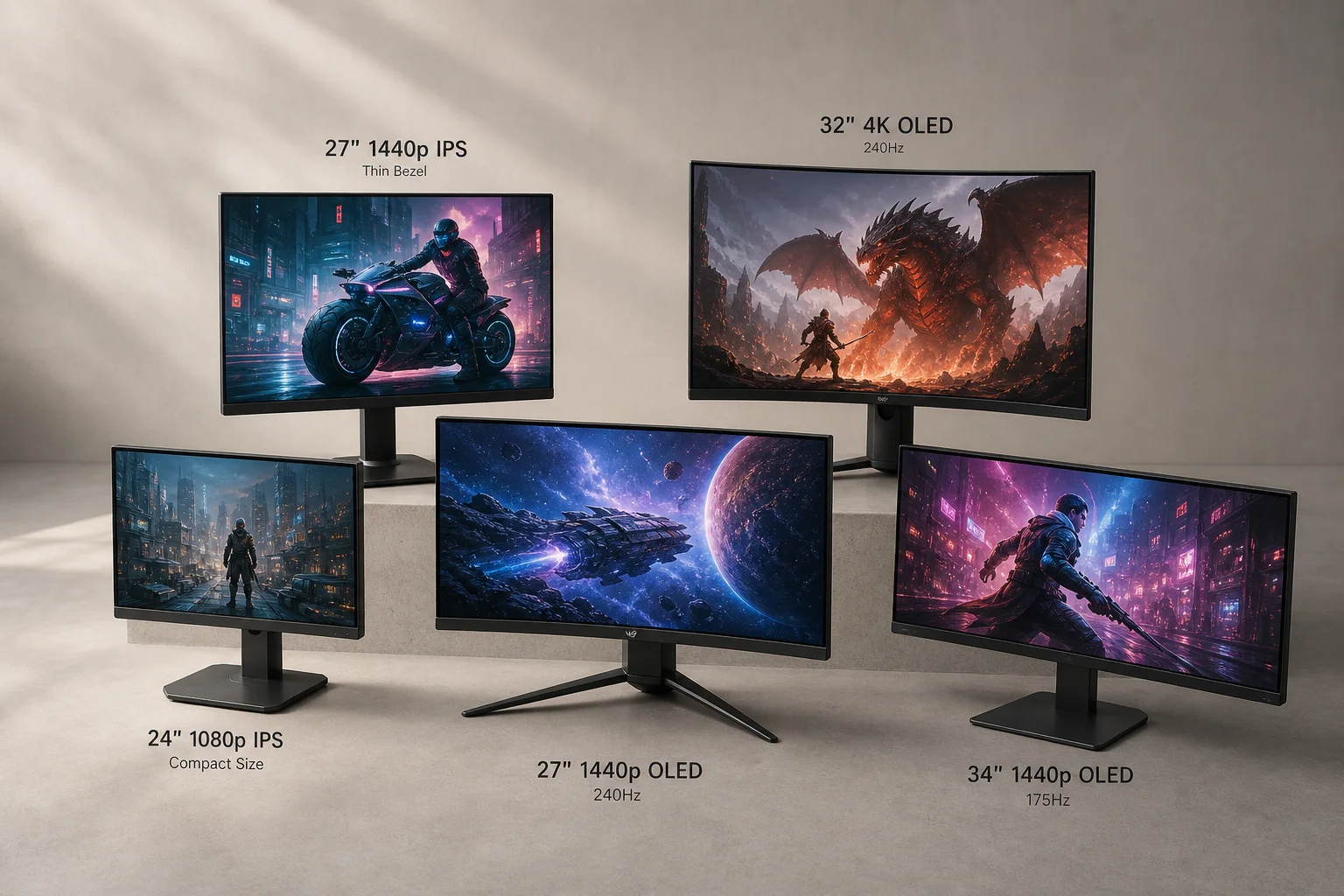 五款電競螢幕排列在水泥地上，展示 1440p IPS 與 OLED 顯示效果