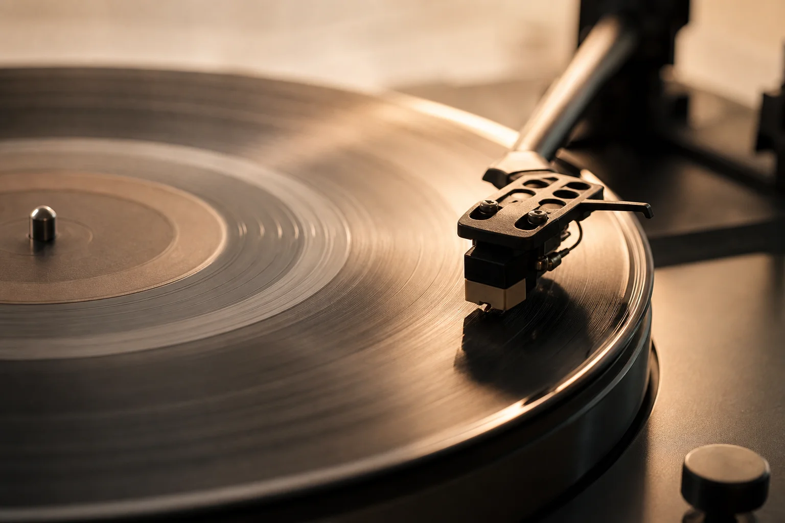 Vinyl record spinning on turntable platter with warm lighting