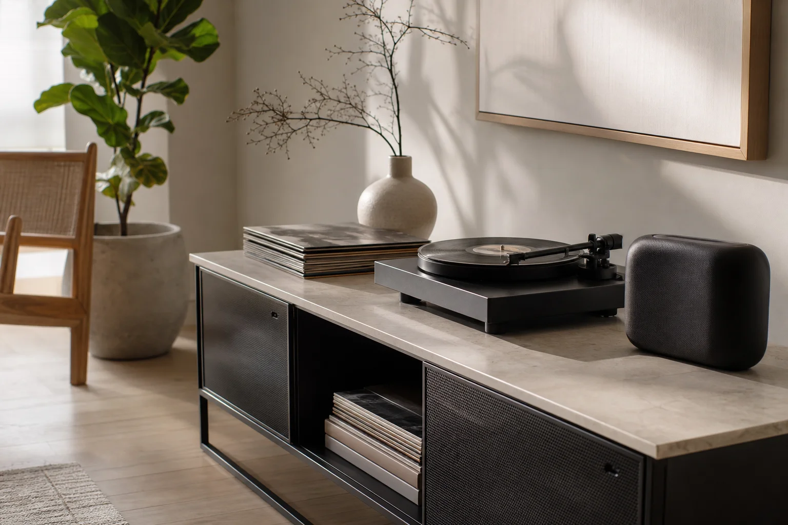 Turntable with Bluetooth speaker setup in modern living room