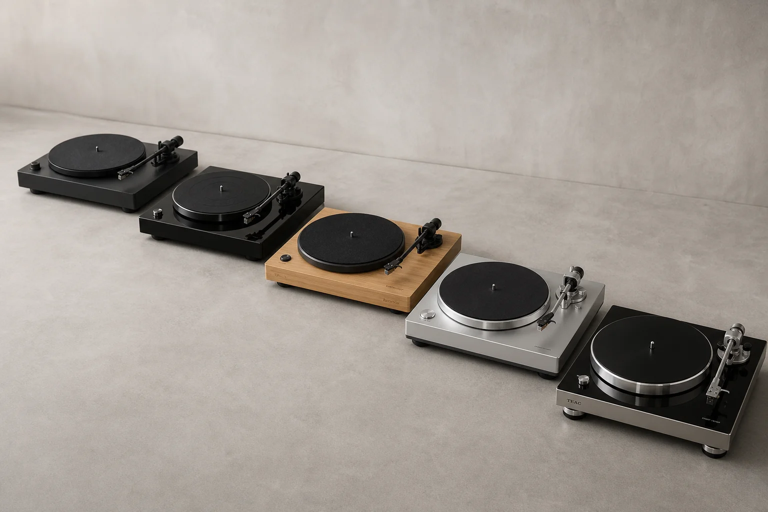 Five vinyl turntables arranged by price tier on concrete surface