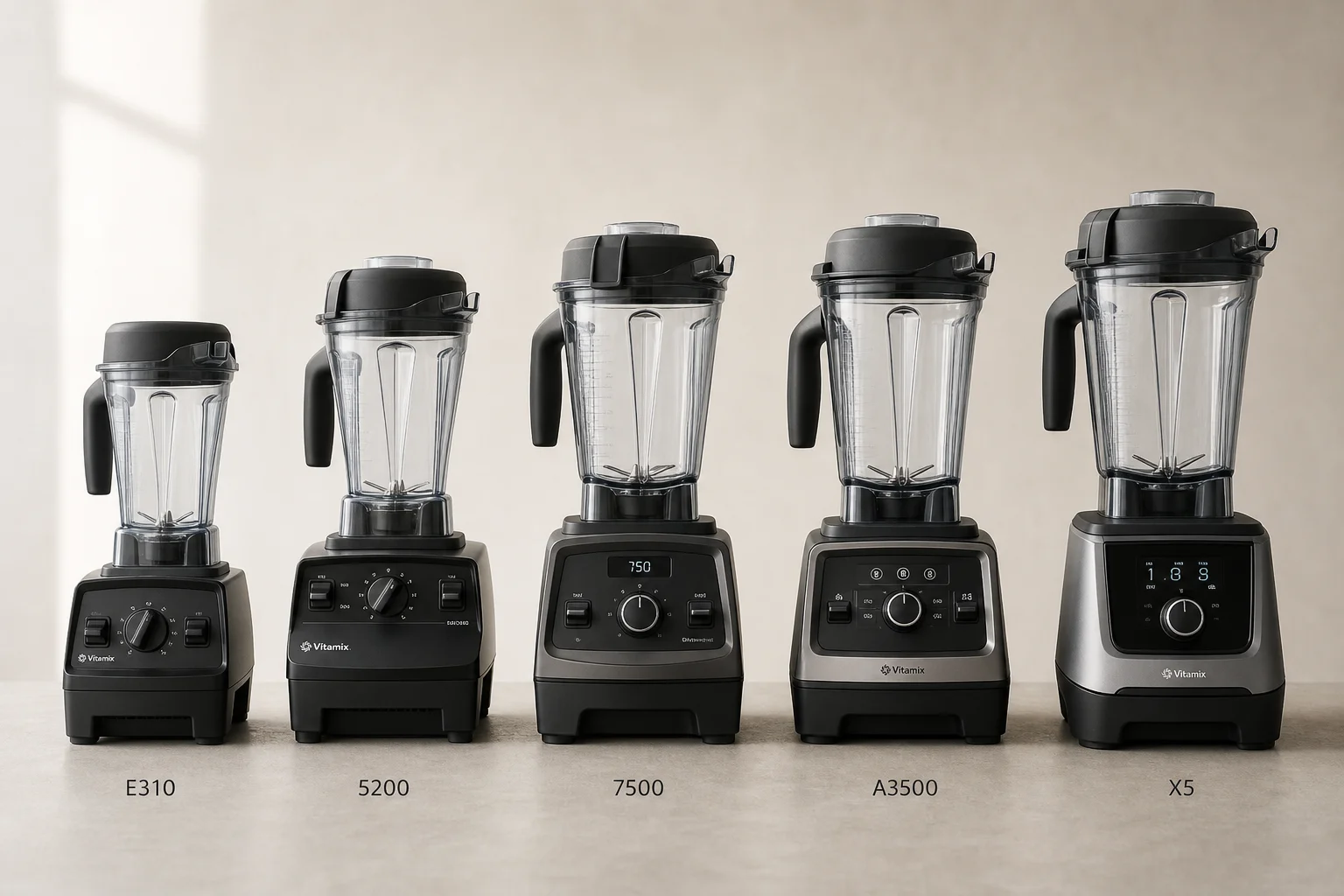 五款 Vitamix 果汁機依尺寸與設計演進排列在水泥檯面上