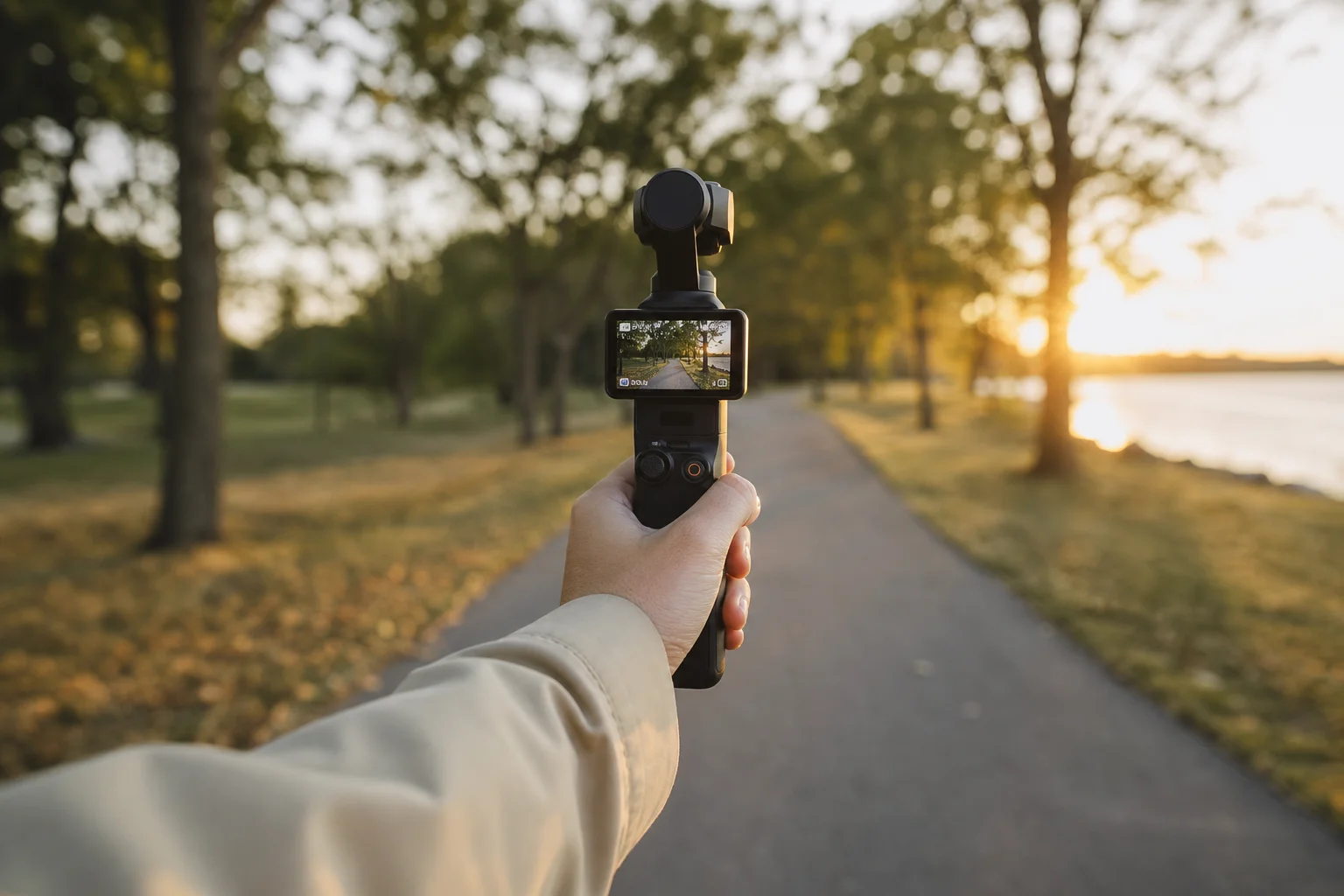 Person holding a gimbal stabilizer while walking outdoors, smooth footage perspective