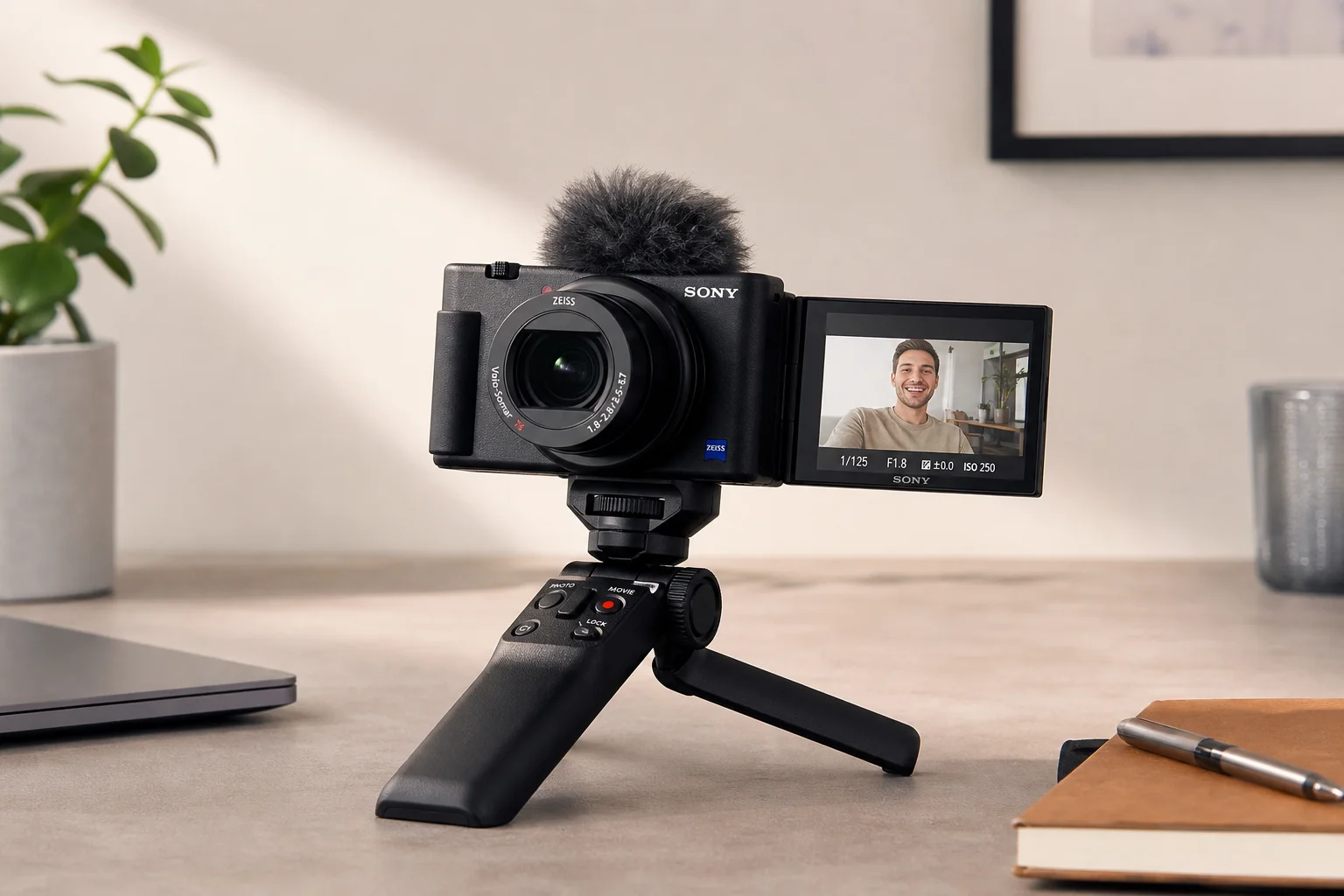 Compact vlogging camera with flip screen positioned for self-recording on a desk