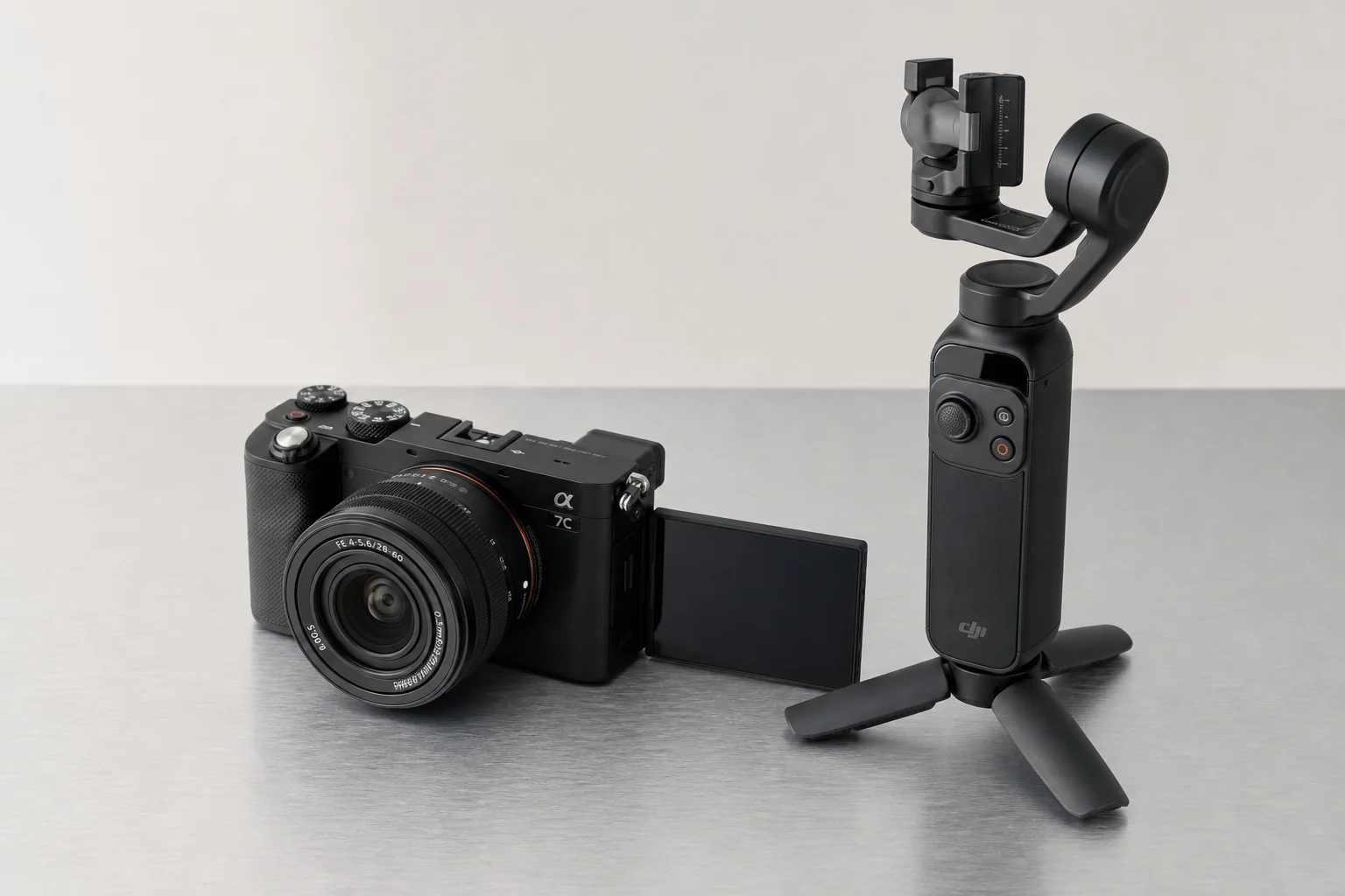 Mirrorless camera with articulated screen and gimbal stabilizer side by side on neutral surface