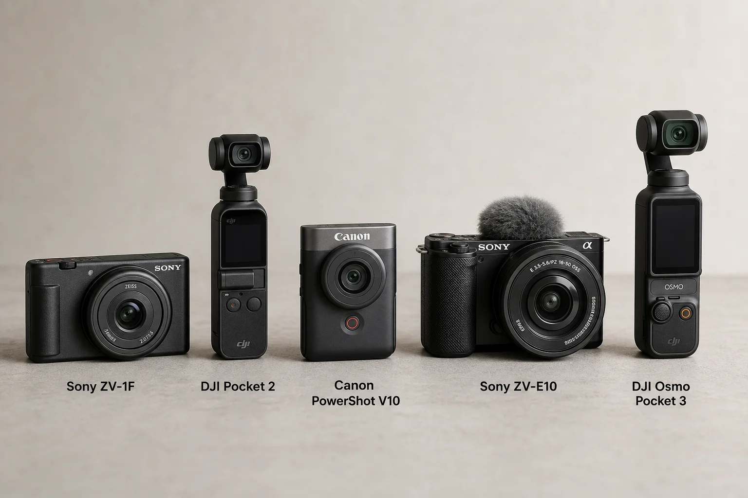 Five vlogging cameras arranged on concrete surface in descending order