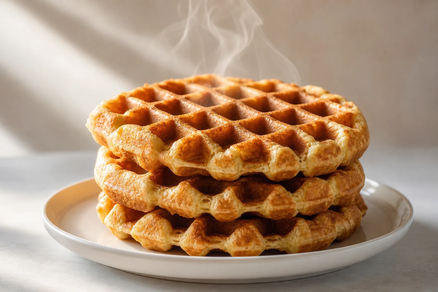 Freshly cooked Belgian waffles with golden-brown exterior and deep pockets