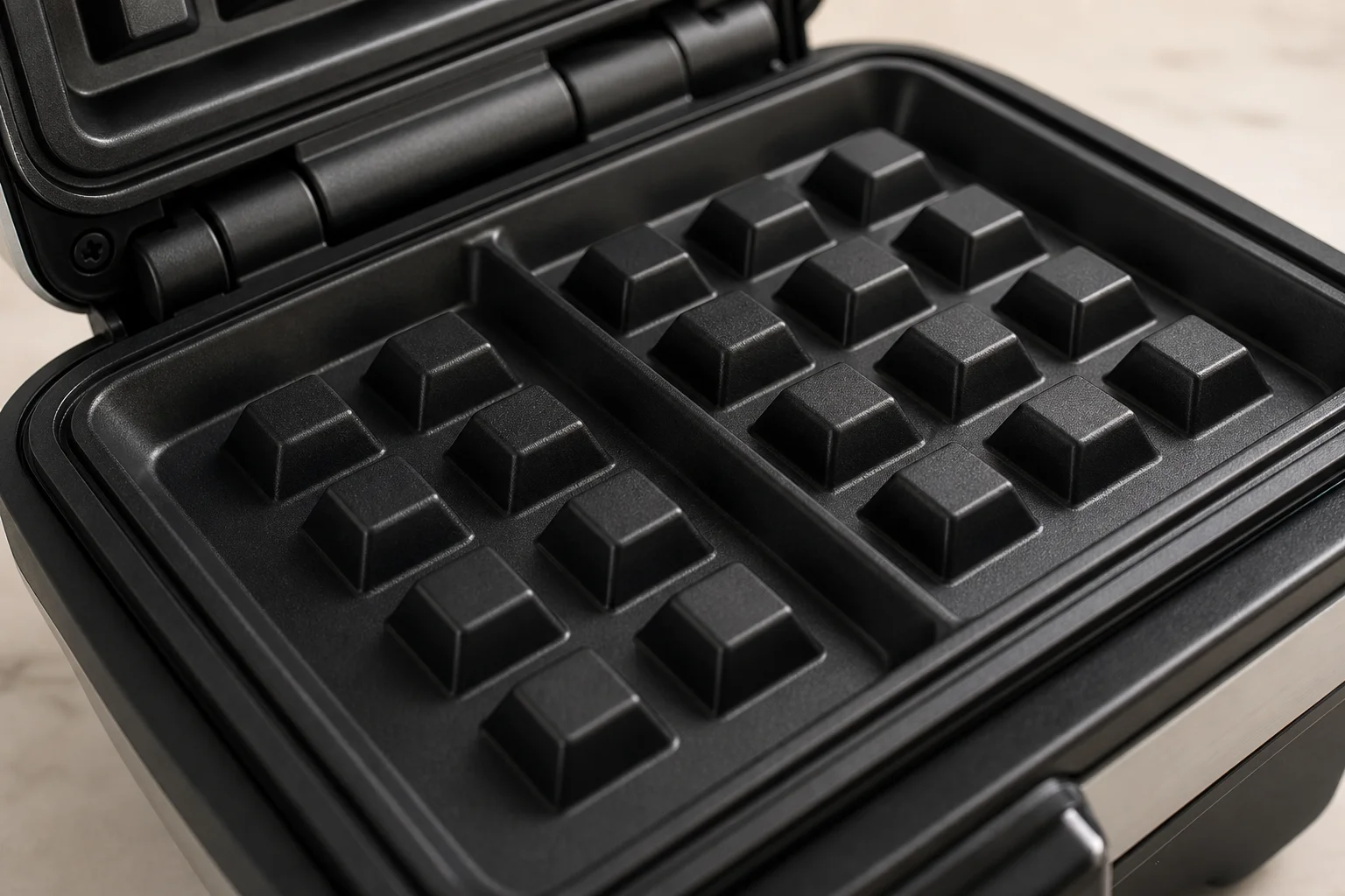 Close-up of waffle maker interior showing non-stick cooking plates and grid pattern