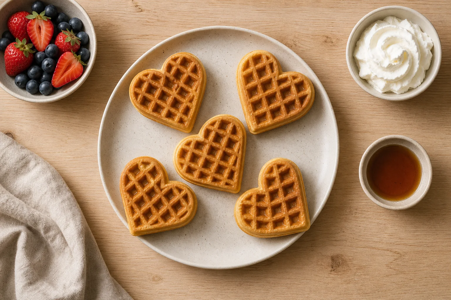 Heart-shaped waffles arranged on breakfast table with berries and toppings