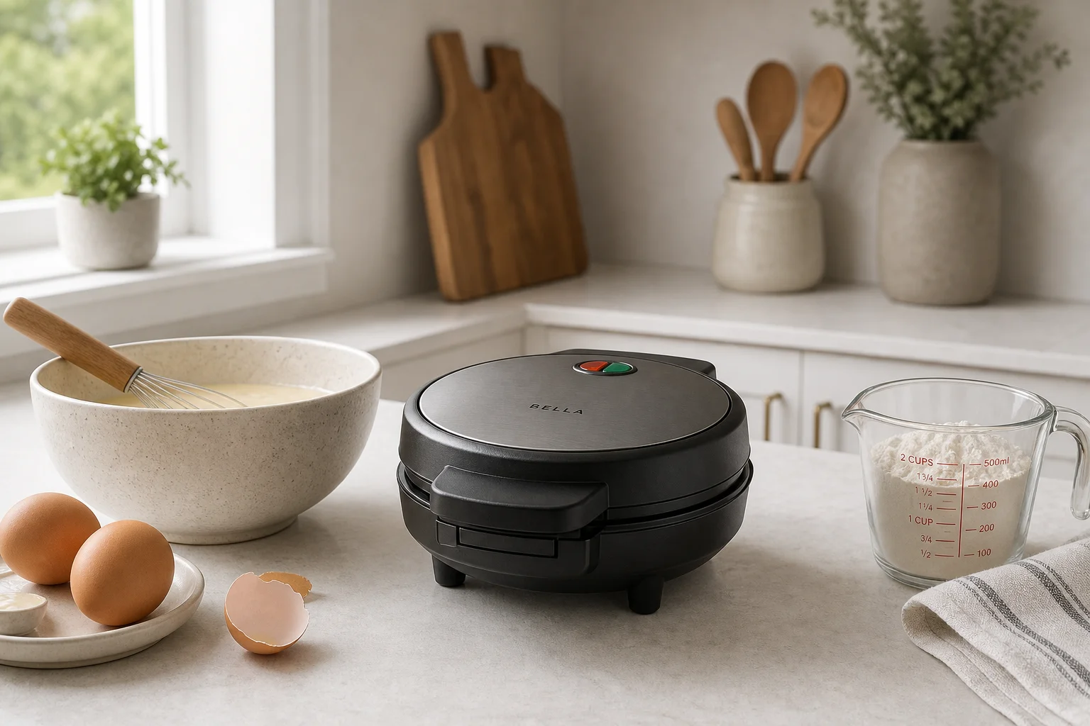 Kitchen counter scene with waffle maker and breakfast ingredients