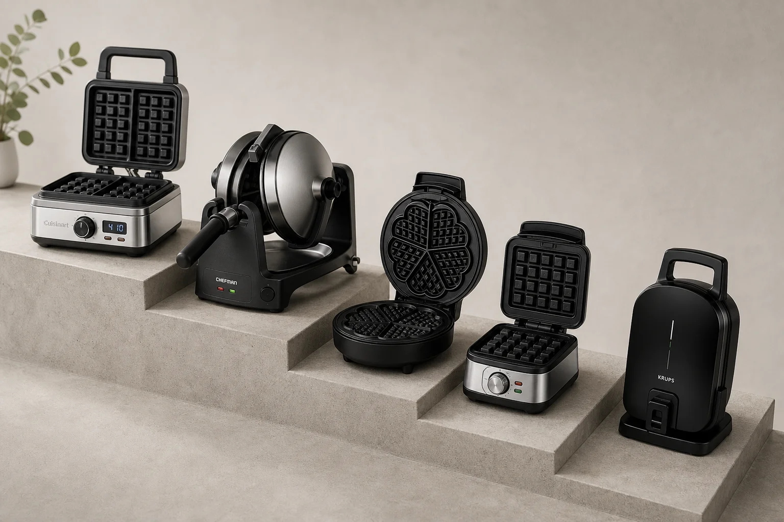 Five waffle makers arranged on concrete surface from budget to premium models