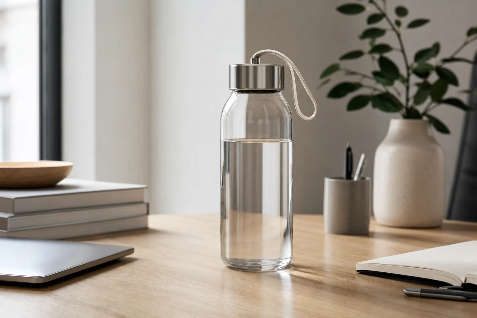 Glass water bottle with carrying strap on wooden desk surface