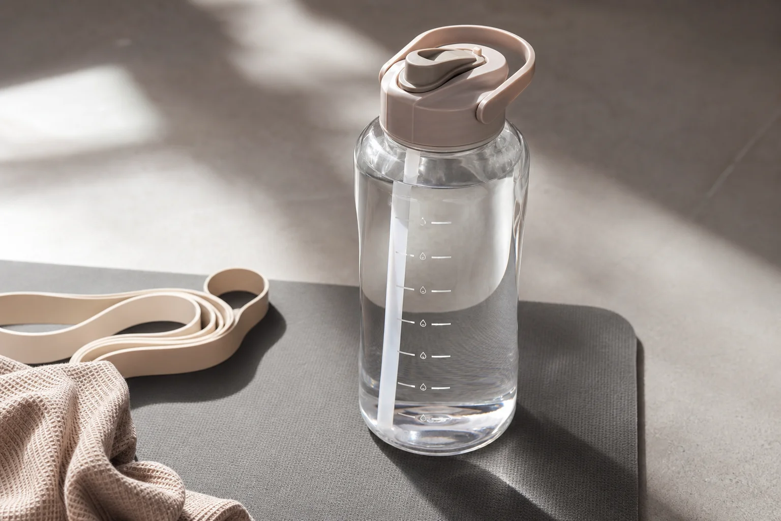 Large water bottle with time markers displayed on fitness mat