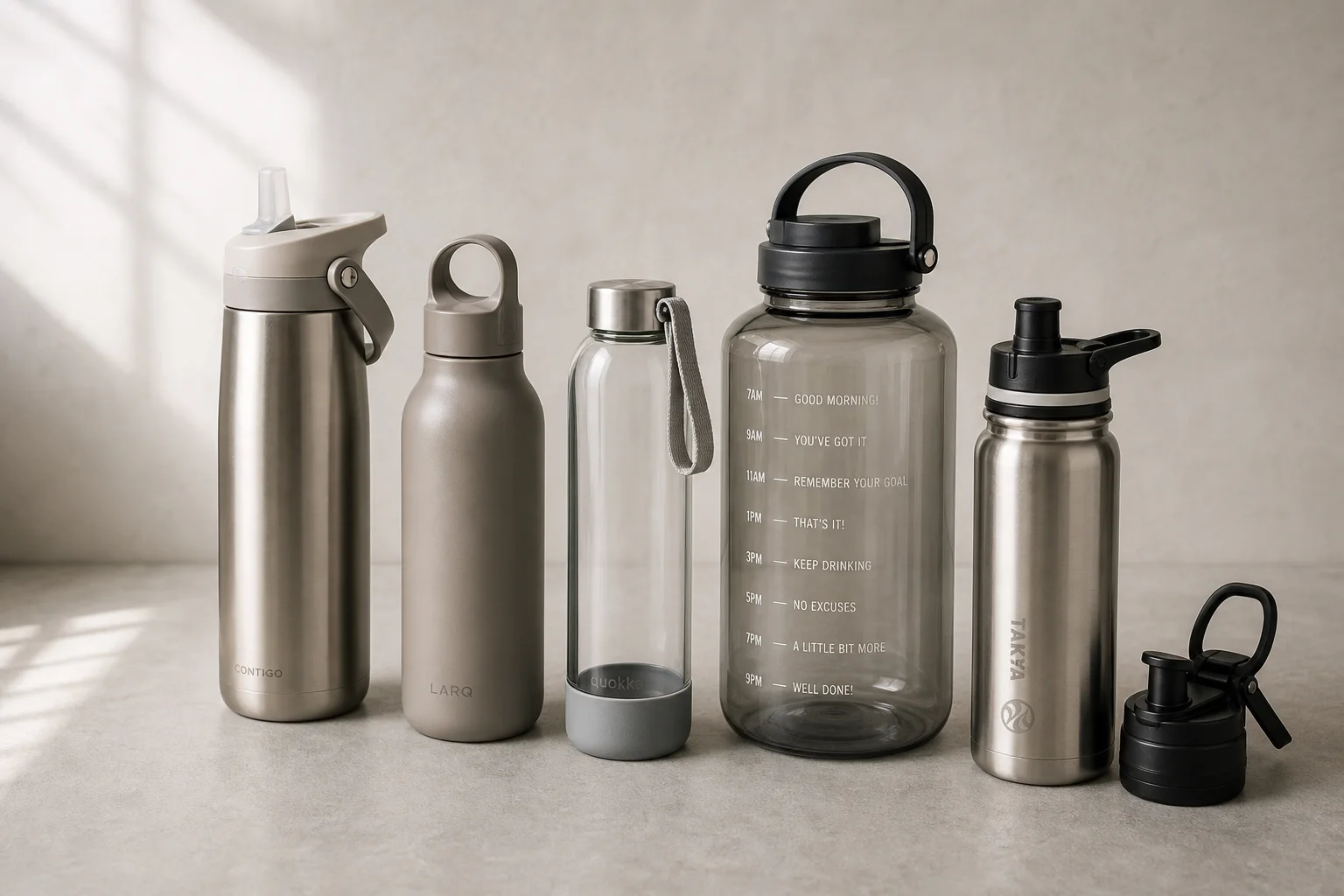 Five water bottles arranged on concrete surface from budget to premium options
