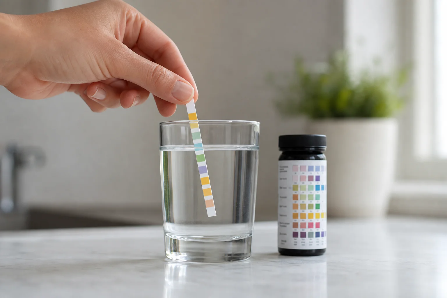 Close-up of water test strip being dipped into a glass of tap water