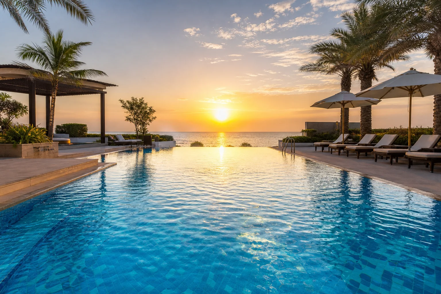 Sparkling clean swimming pool with crystal-clear blue water at sunset