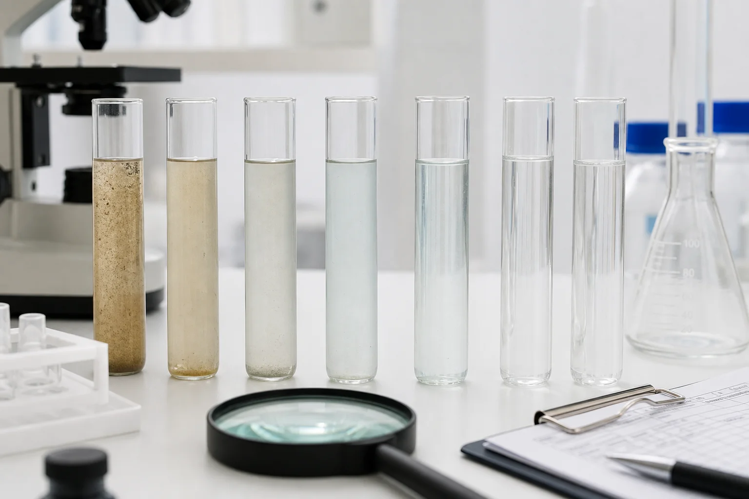 Laboratory technician examining water samples in test tubes under controlled lighting