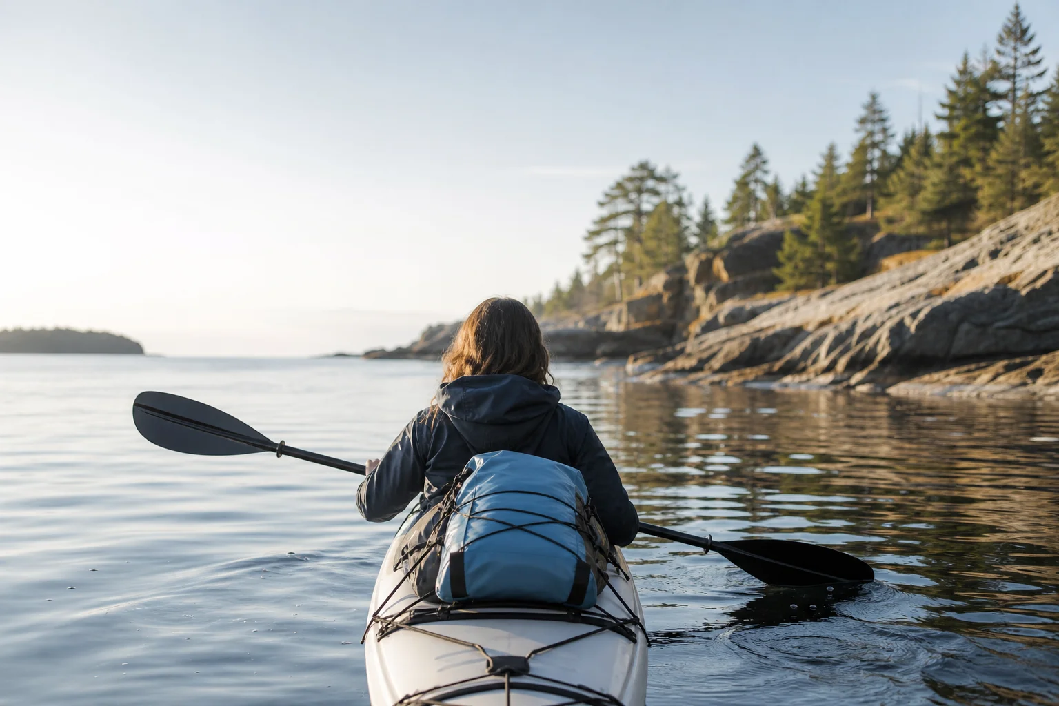 Kayaker with waterproof backpack secured on kayak deck in coastal water