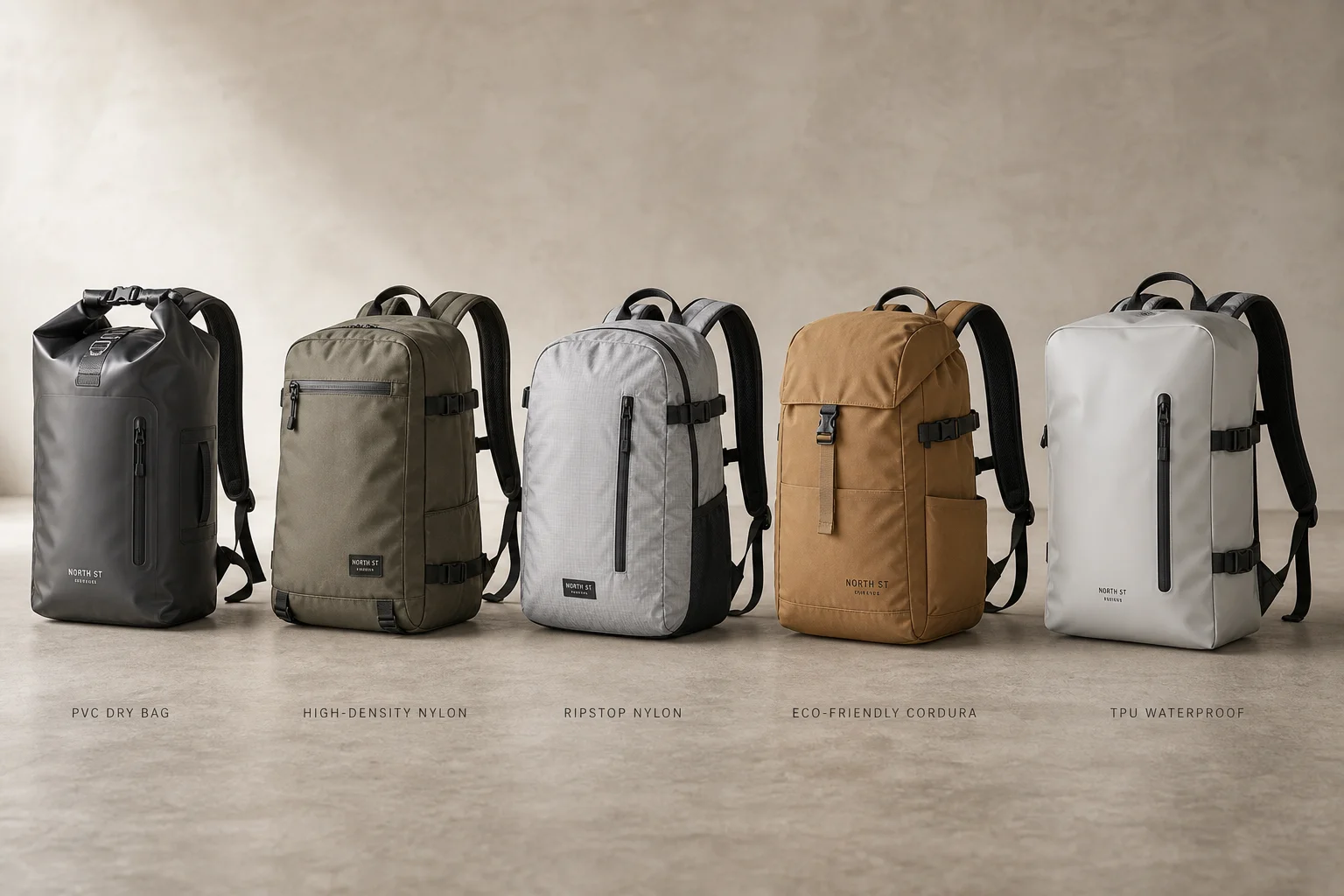 Five waterproof backpacks lined up on concrete surface showing different designs and materials