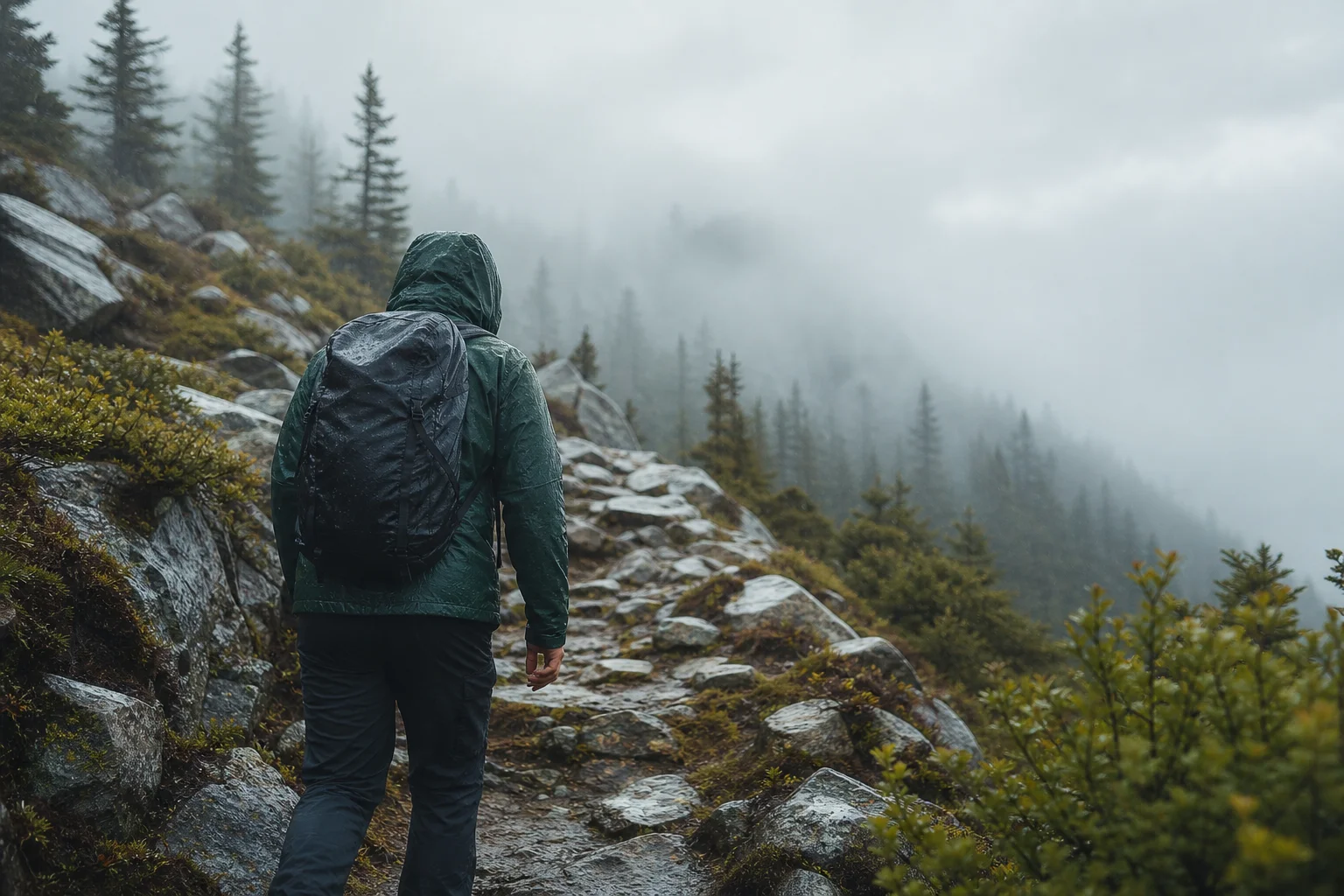 Hiker in waterproof jacket on misty mountain trail with rain and fog