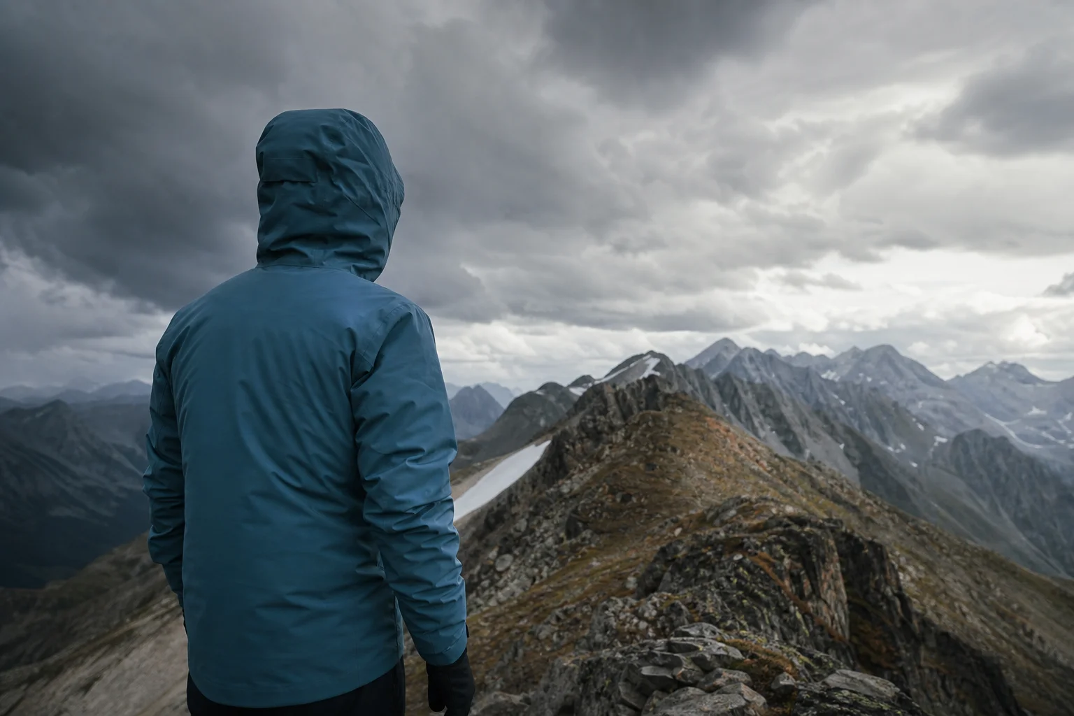 Mountaineer in premium waterproof shell on alpine ridge with storm clouds