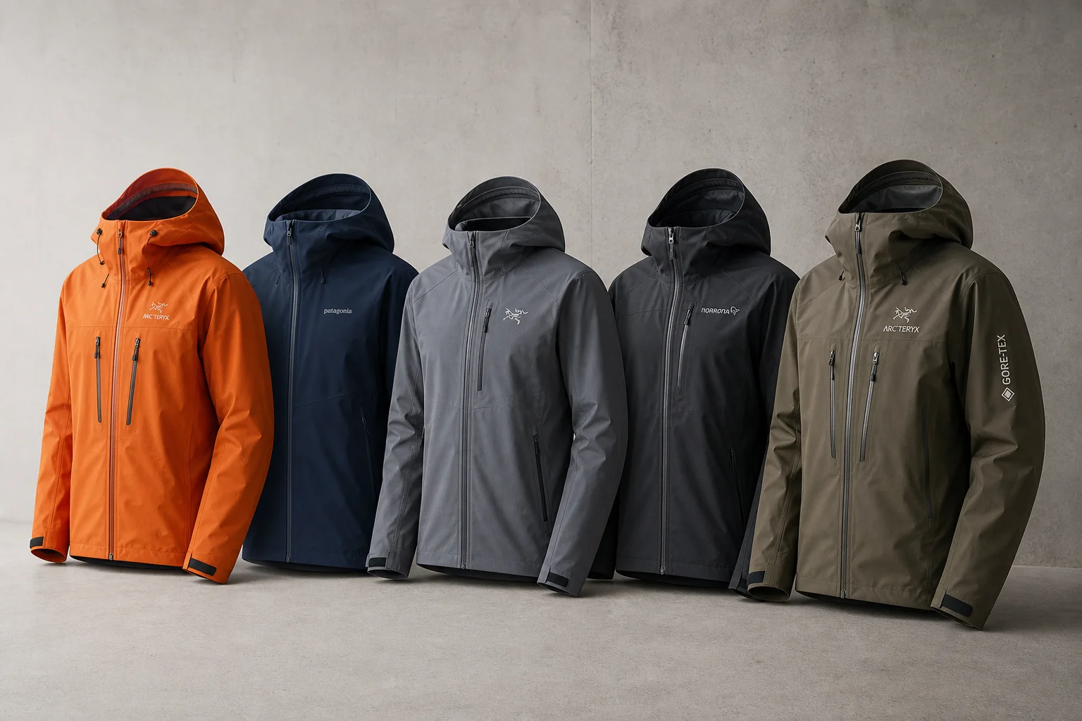 Five waterproof jackets in different colors and styles arranged on concrete