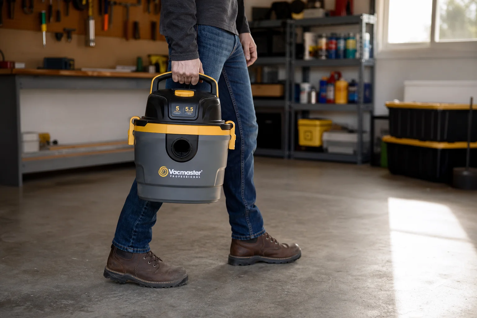 Compact portable wet/dry vacuum being carried by handle in garage