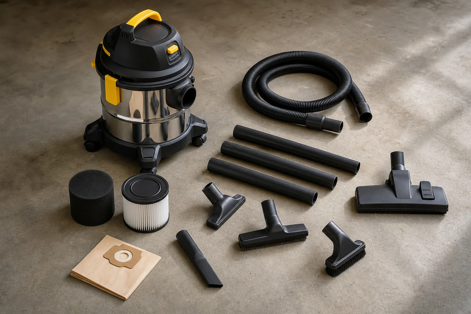 Wet/dry vacuum with hose and attachments laid out on workshop floor