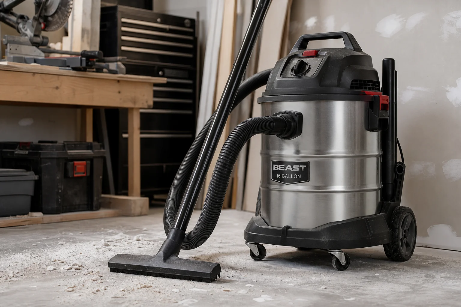Large barrel-style wet/dry vacuum in workshop with construction debris