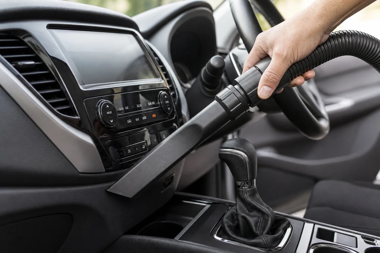 Compact car interior vacuum being used to clean vehicle dashboard