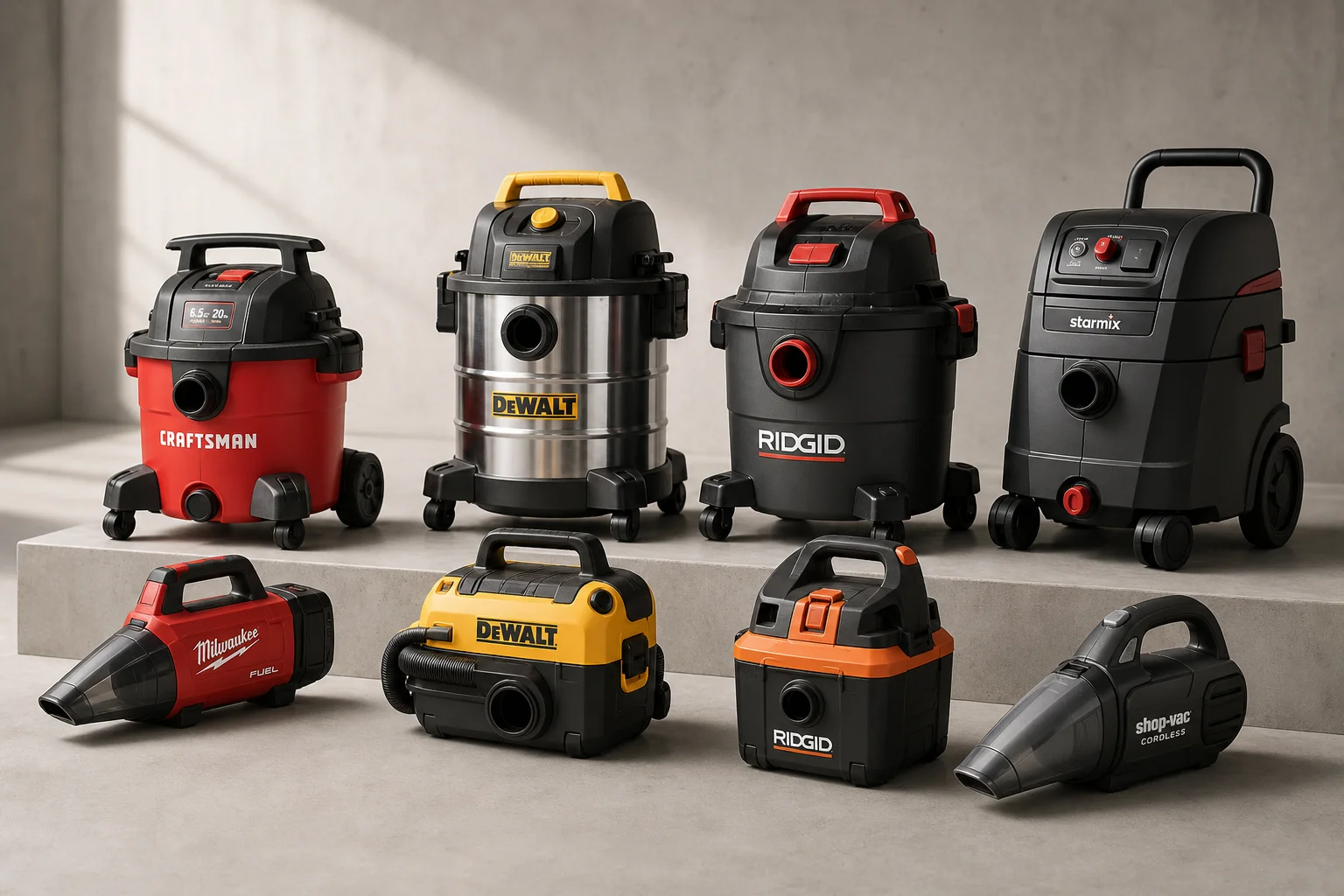 Eight wet/dry vacuums of varying sizes arranged on concrete surface