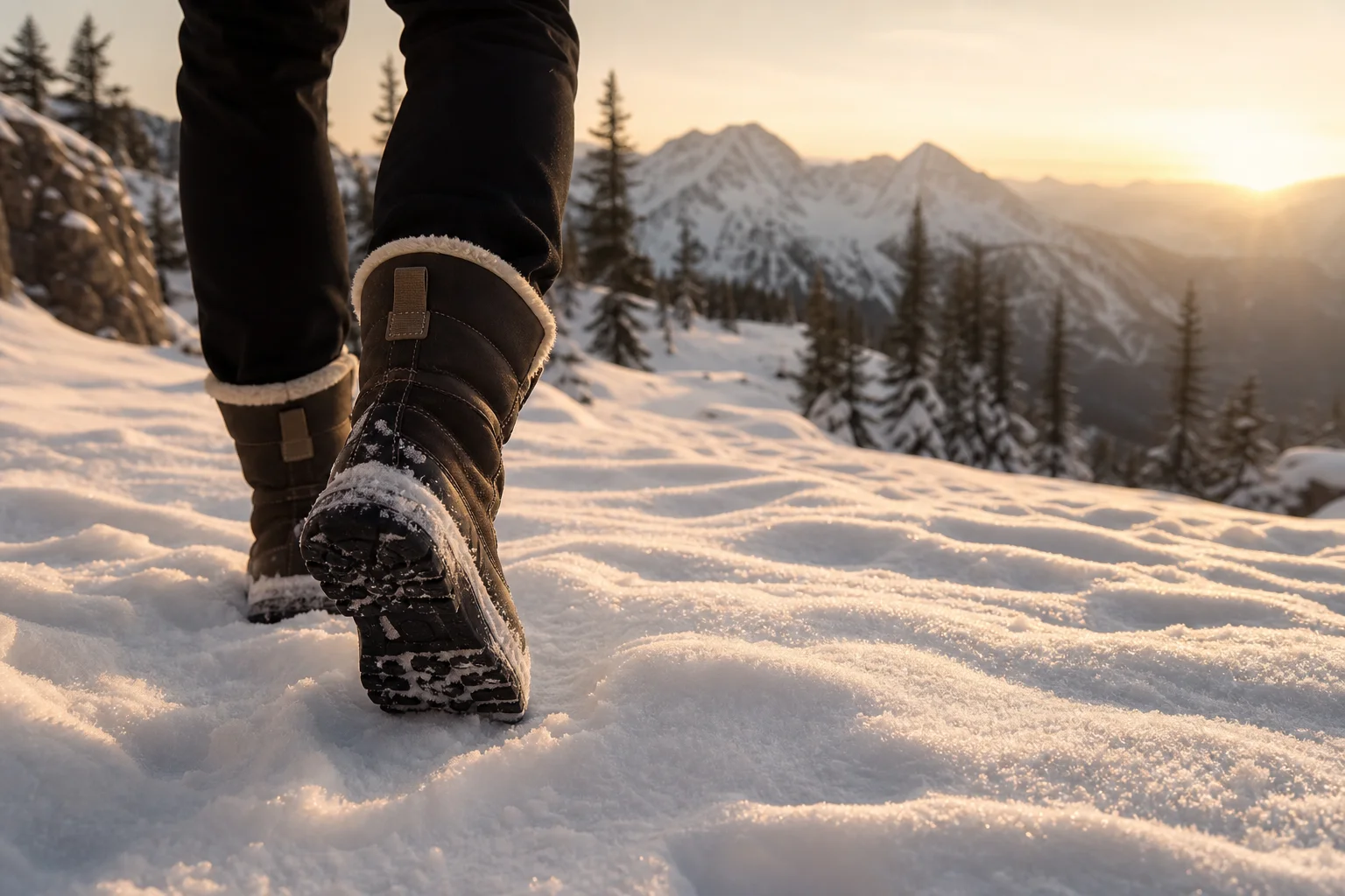 Person wearing winter boots walking through snow-covered landscape