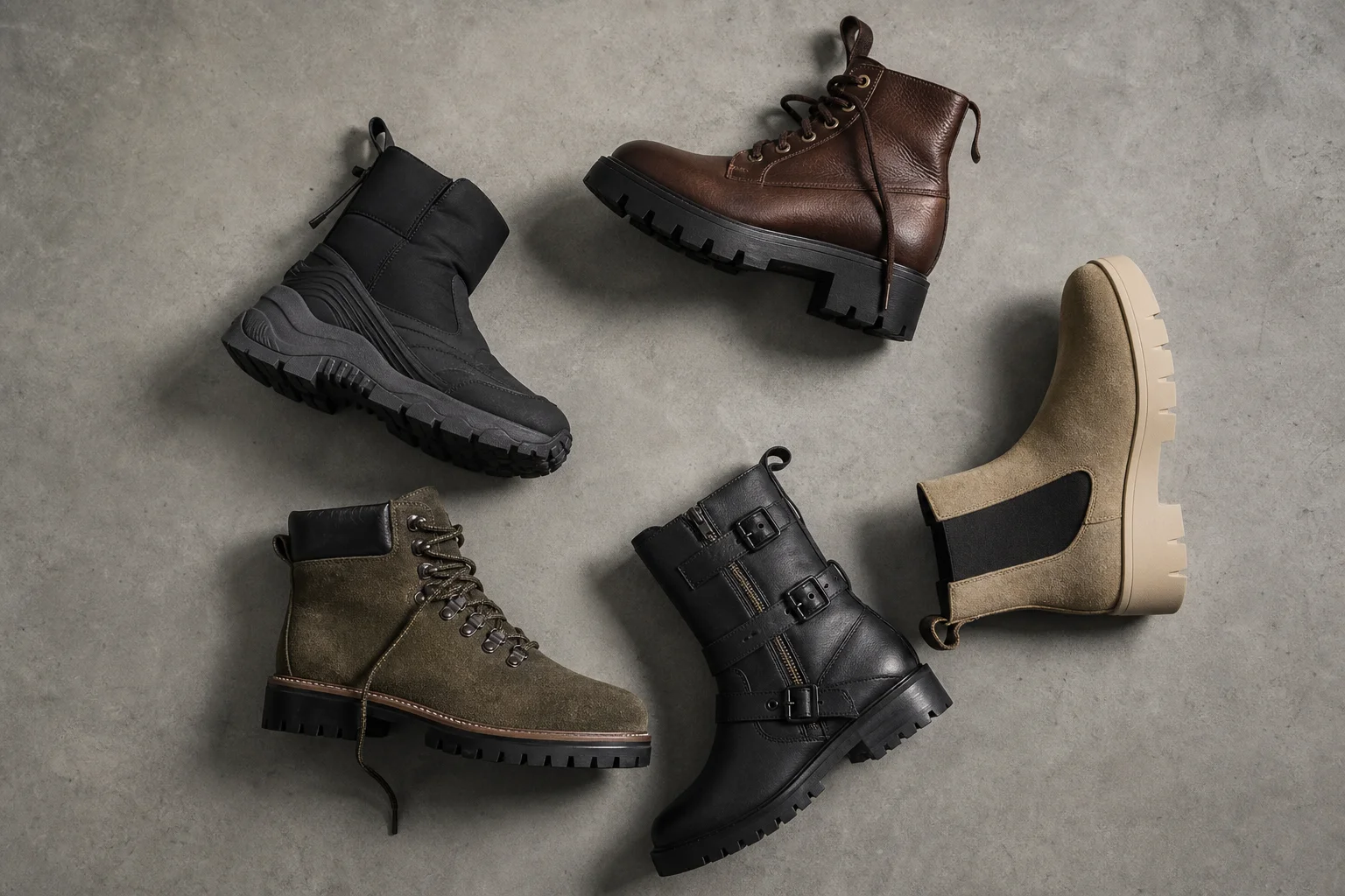 Flat-lay arrangement of multiple boot styles on neutral surface