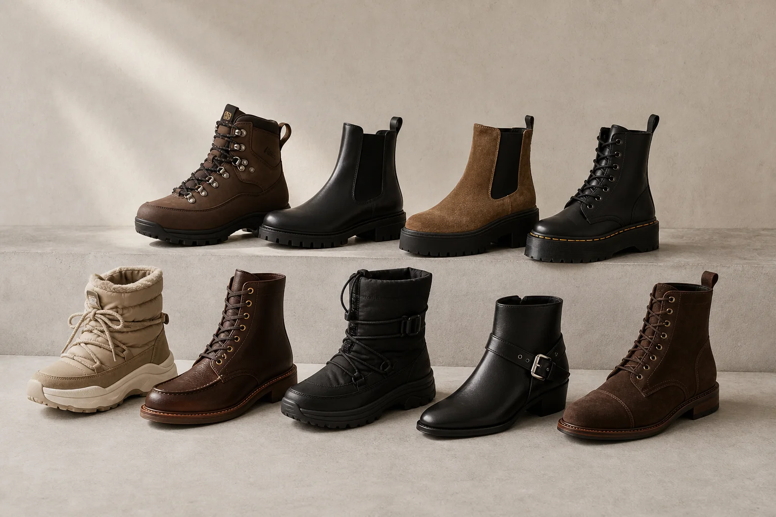 Collection of diverse winter boots arranged on concrete surface