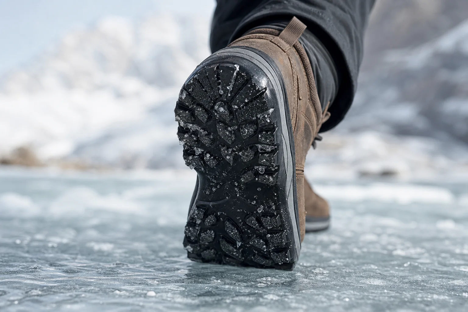 Close-up of winter boot sole gripping icy surface with visible tread pattern