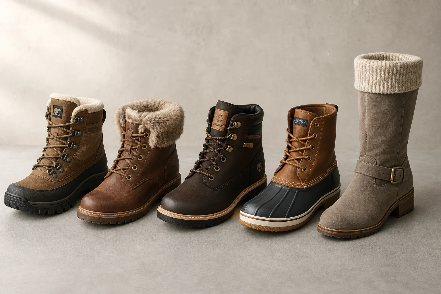 Five women's winter boots displayed on concrete surface showing variety of styles