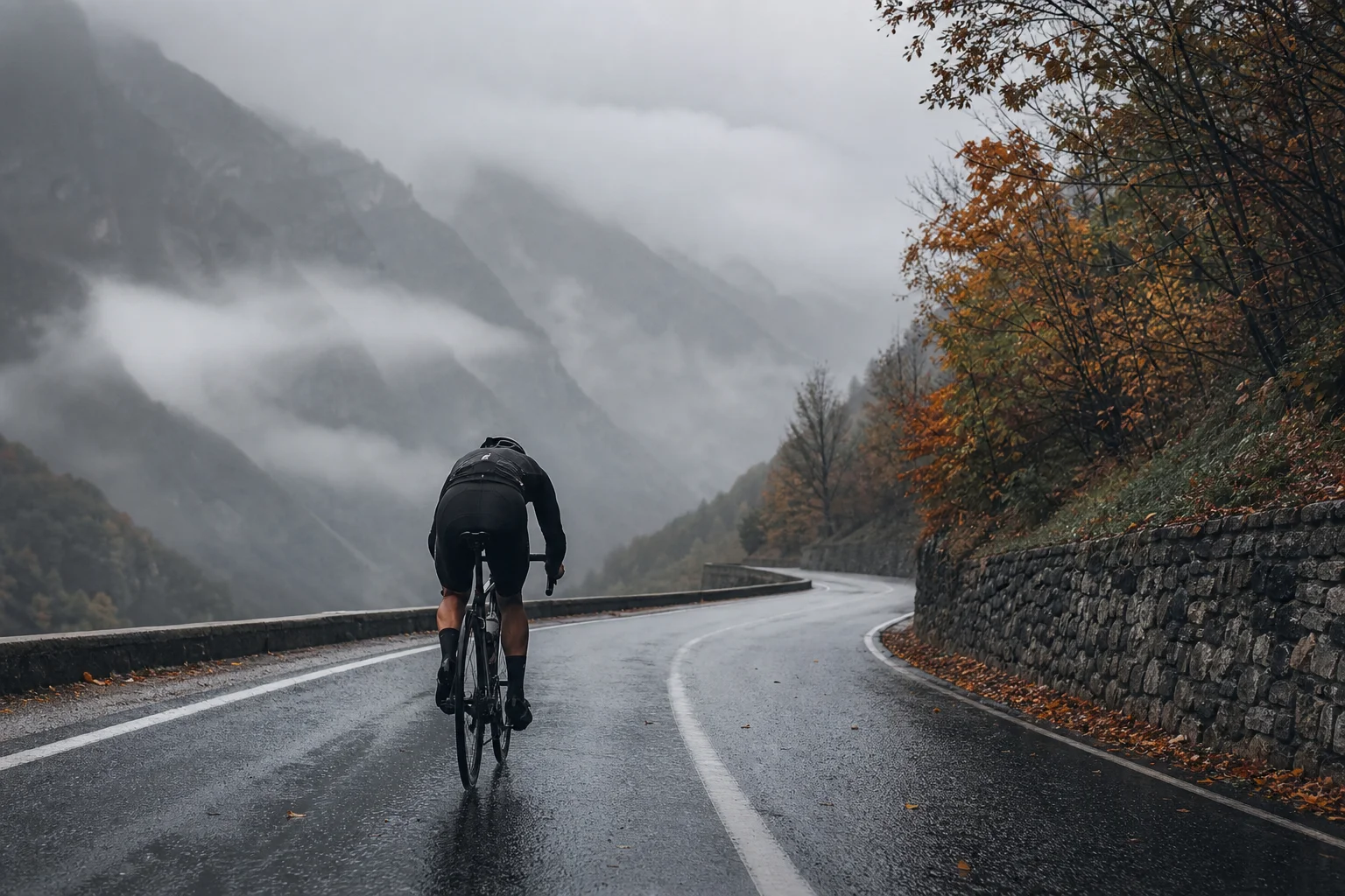 騎士在陰天雨後的秋季道路上騎行
